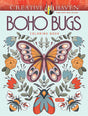 Boho Bugs Coloring Book cover with a butterfly, bees, flowers, and leaves in a calming bohemian style illustration.