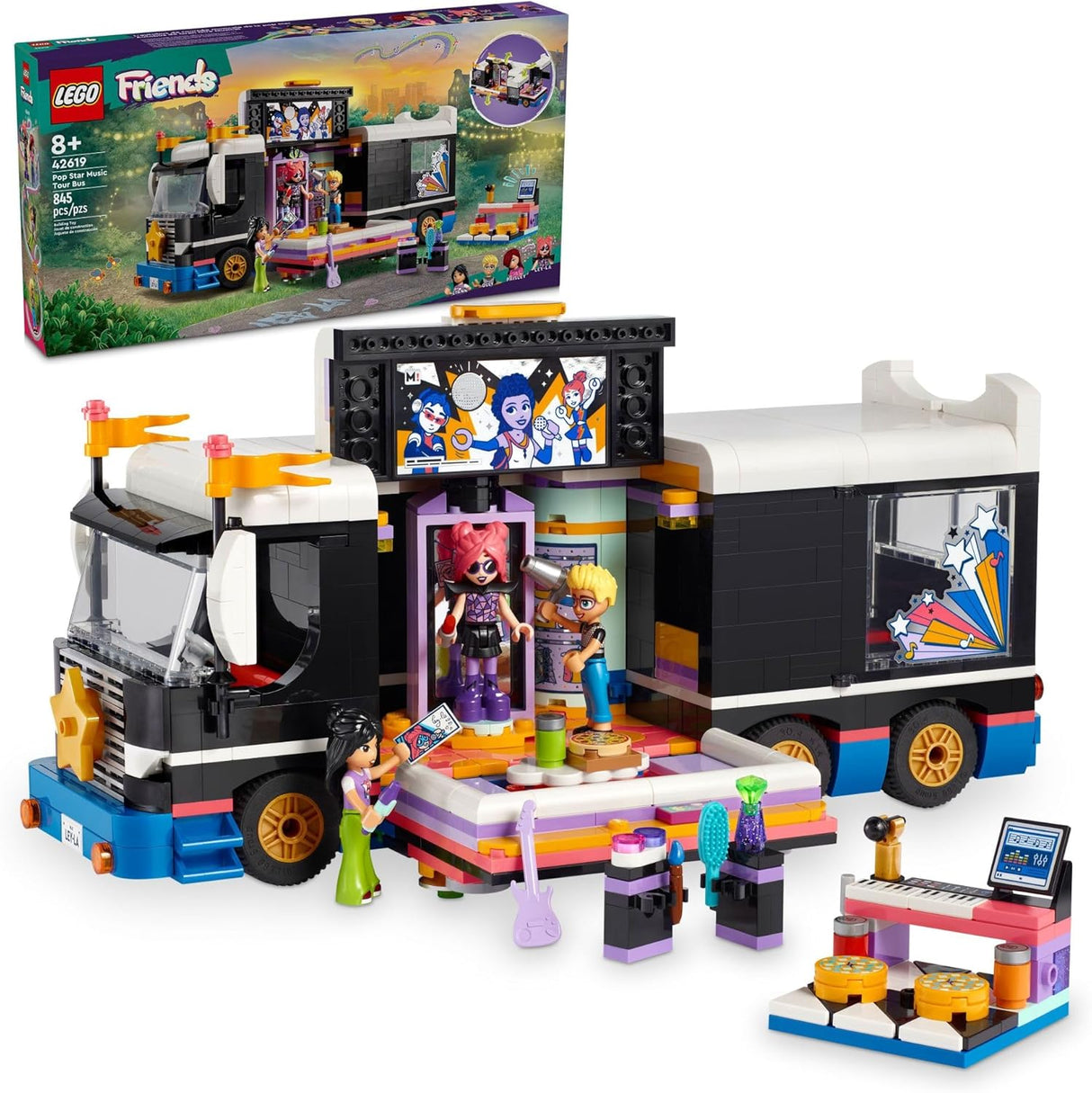 LEGO Friends pop star music tour bus with buildable stage, characters, instruments, and accessories for imaginative play.