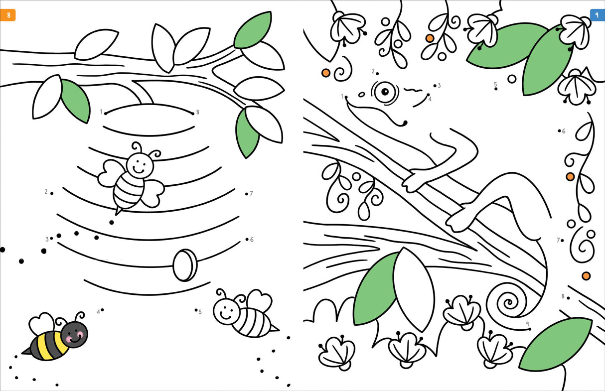 Animals Dot to Dot showing playful bees and a chameleon on branches with leaves to connect and color.