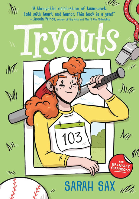 Tryouts book cover featuring a girl baseball player with a bat, from the Brinkley Yearbook series by Sarah Sax.