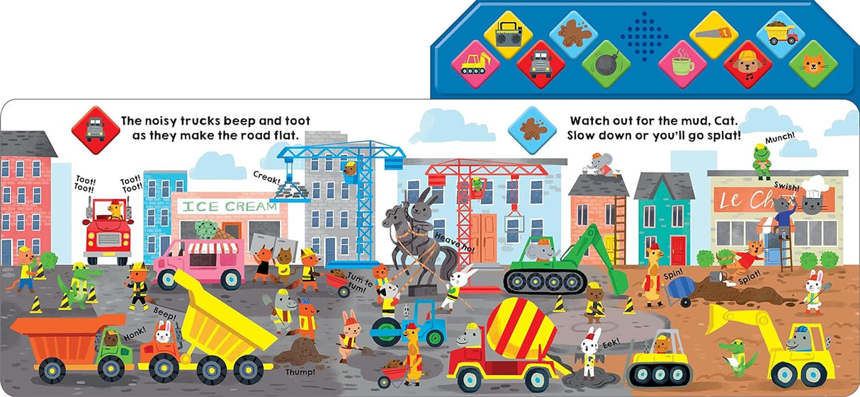 What Can You Hear Construction board book with colorful construction vehicles and animals making sounds on a busy site.
