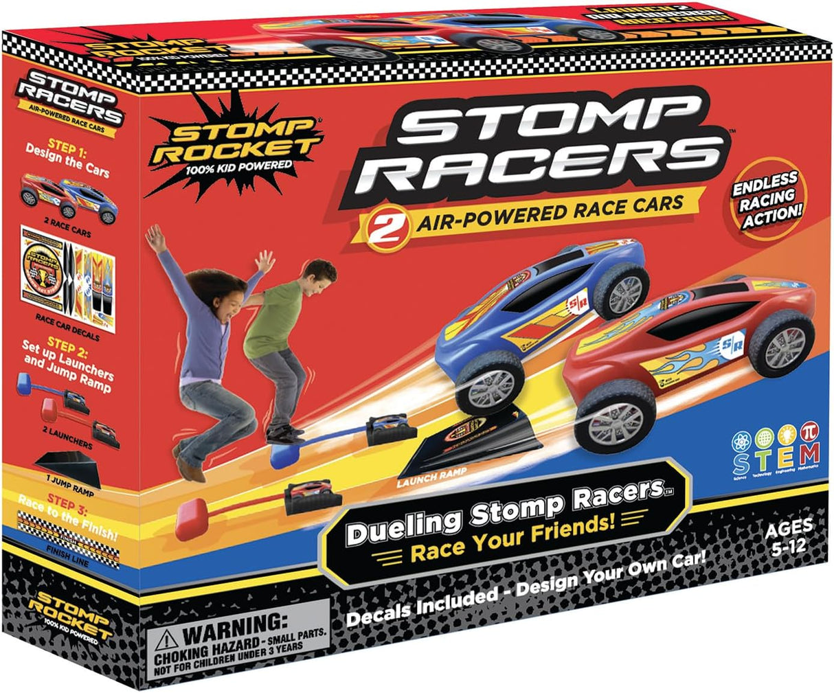 Stomp Rocket Dueling Stomp Racers with 2 air-powered race cars, ramp, launchers, and decals for endless racing fun.