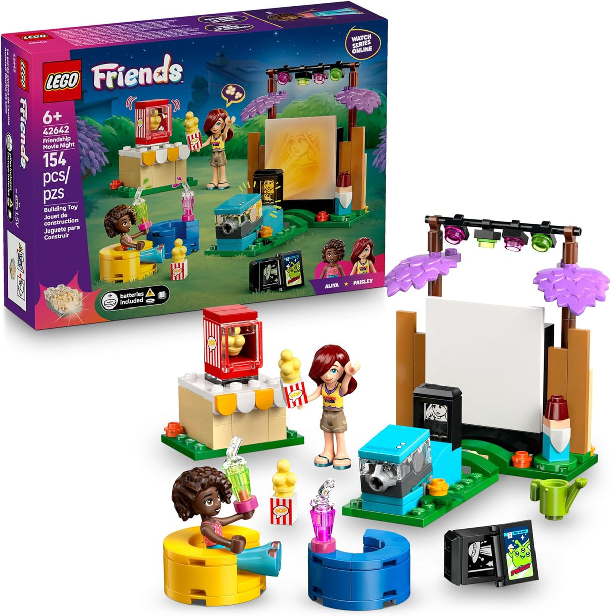 LEGO Friends Friendship Movie Night set with projector, popcorn machine, beanbag chairs, and two mini dolls enjoying backyard movie fun