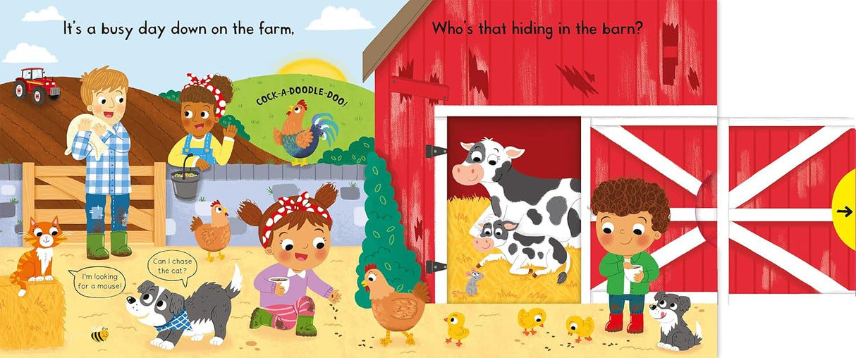 Busy Farm Push/Pull/Slide board book showing children, farm animals, and a red barn with interactive tabs to explore farm life.
