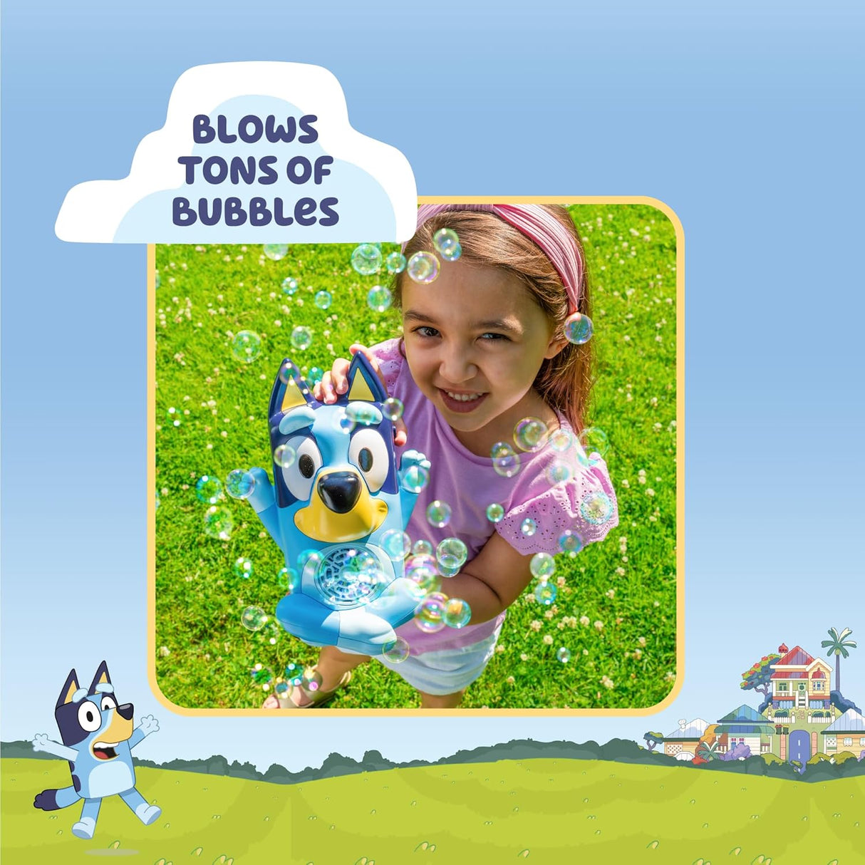 Girl playing with the Bluey No-Spill Musical Bubble Machine blowing continuous bubbles outdoors on a sunny day