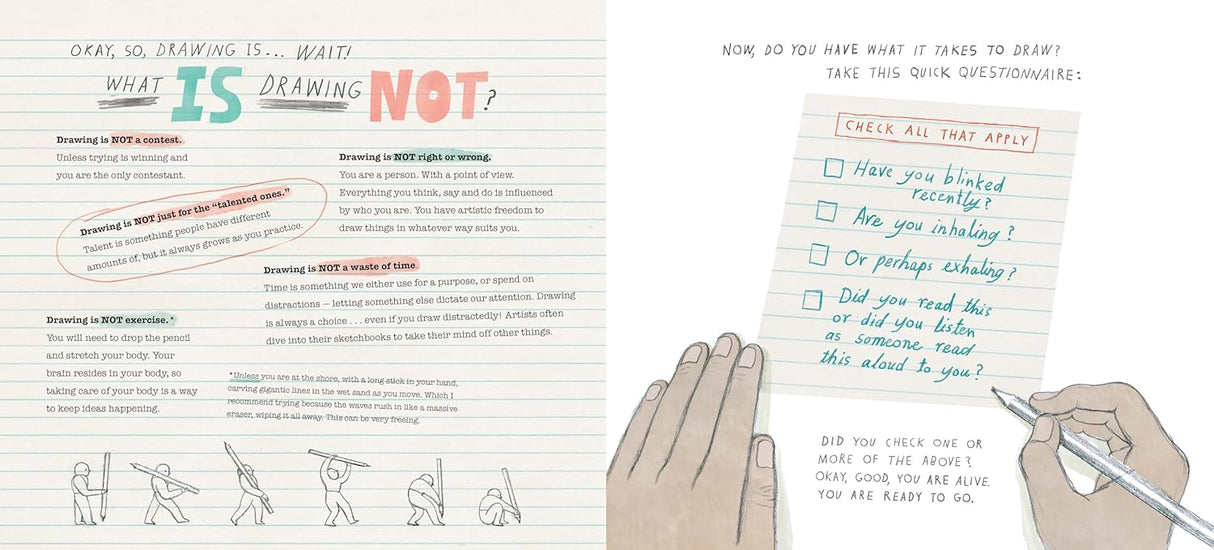 Drawing Is...Your Guide to Scribble Adventures showcasing handwritten text and illustrations encouraging creative drawing exercises.