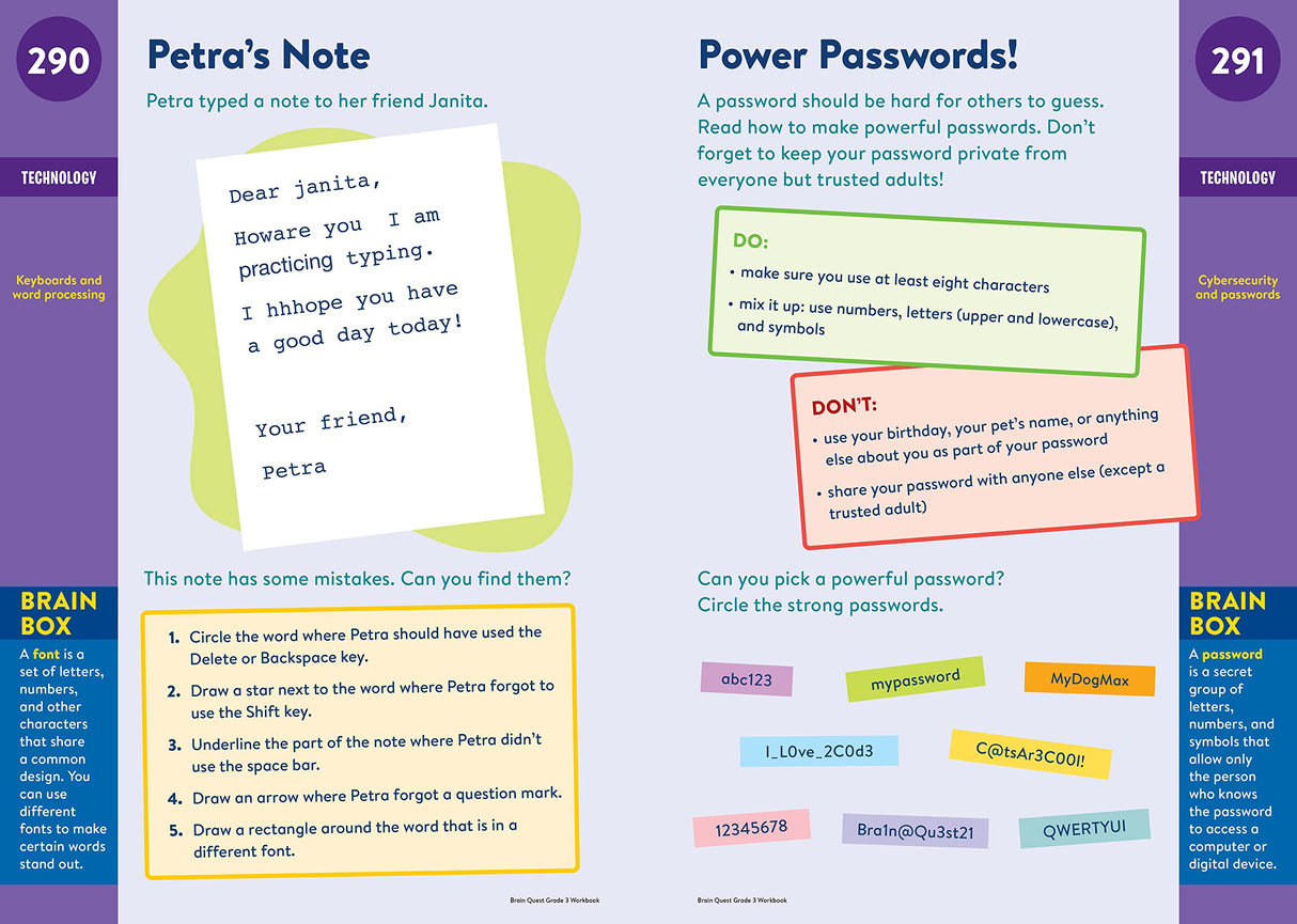 Brain Quest Workbook Grade 3 pages showing typing practice, password tips, and interactive learning activities.