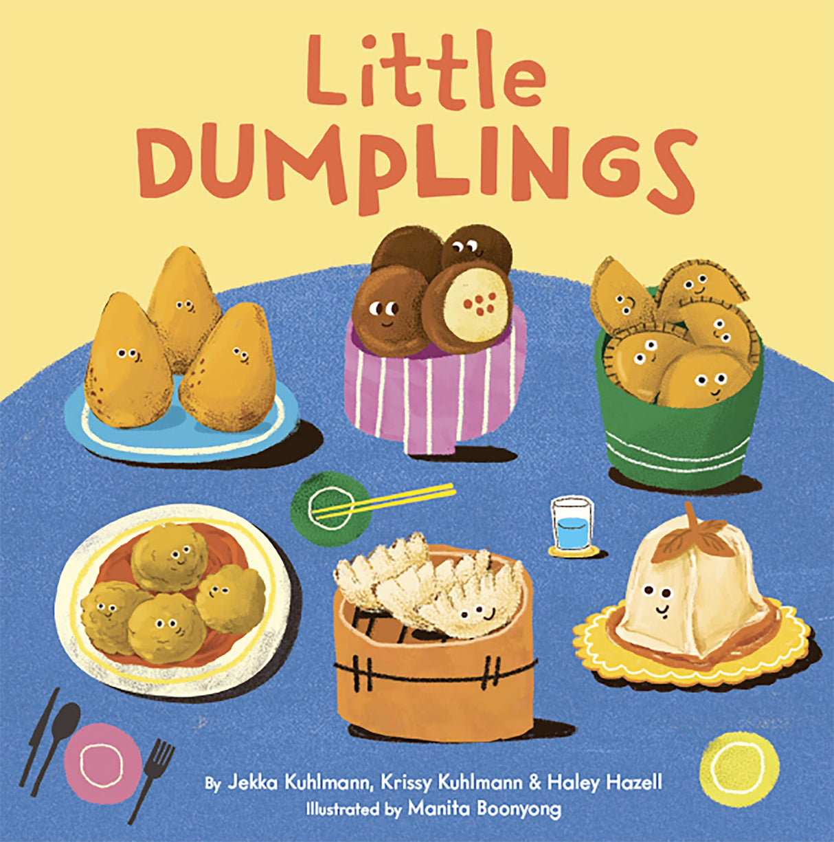 Illustrated dumplings with faces on plates and baskets under the title Little Dumplings children's board book cover.