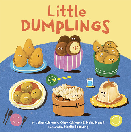 Illustrated dumplings with faces on plates and baskets under the title Little Dumplings children's board book cover.