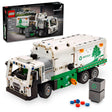 LEGO Technic model of a Mack LR electric garbage truck with recycling bins and buildable features for kids aged 8 plus
