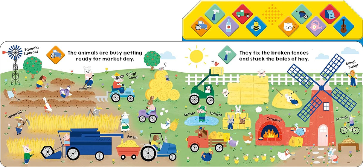 What Can You Hear Farm board book showing busy farm animals, tractors, windmill, and market day preparations.