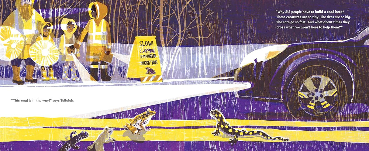 Safe Crossing book illustration showing a group helping amphibians safely cross a road at night.