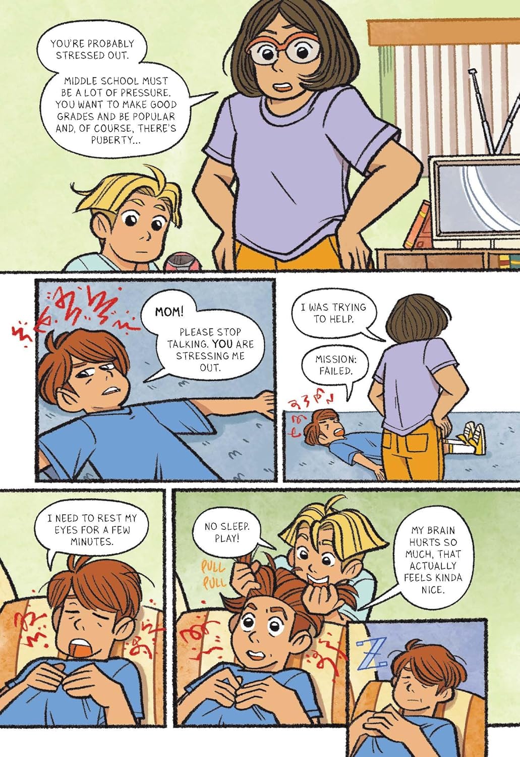 Four Eyes comic panel showing a stressed boy and a caring mom in a middle school family scene.