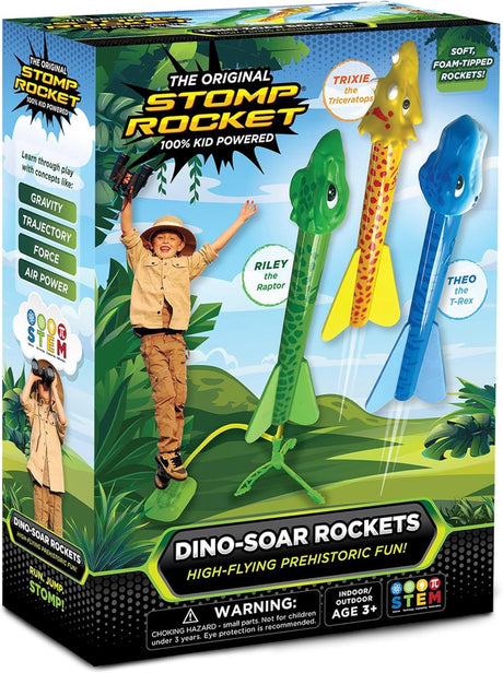 Boxed set of three colorful dinosaur-themed stomp rockets with launch stand and a happy child playing outdoors