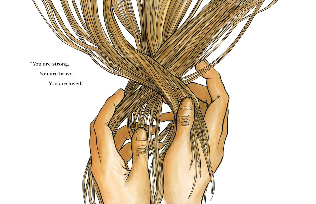 Close-up of hands braiding long hair with affirmation text from Brave picture book celebrating Native pride.