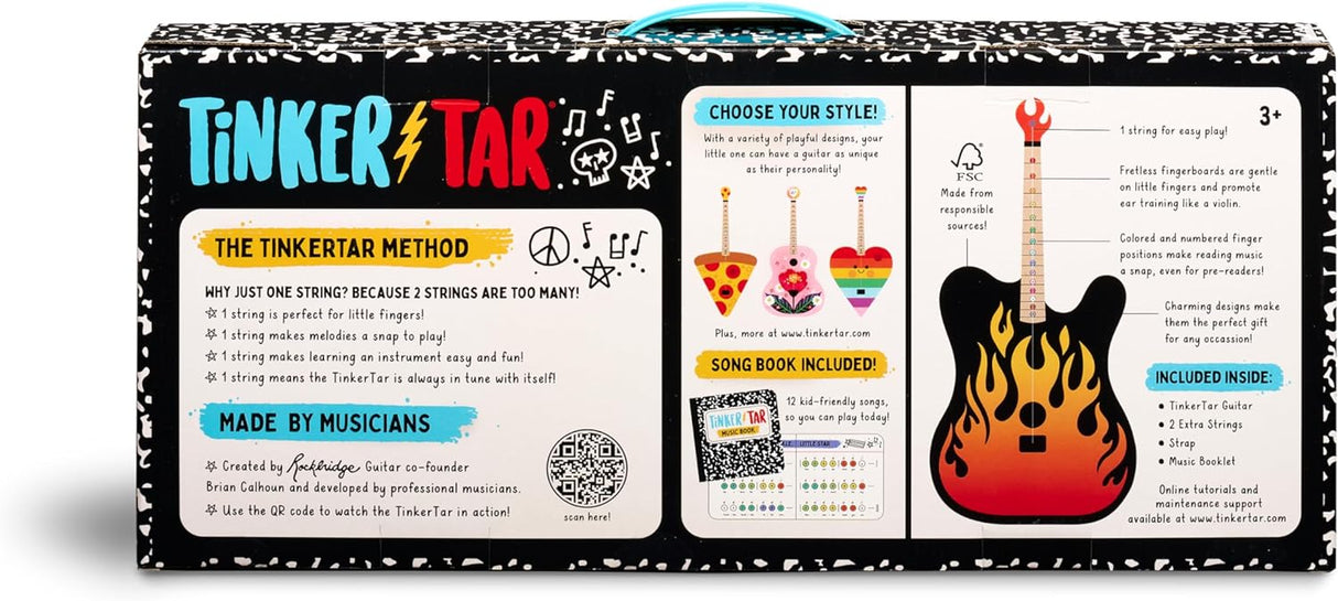 TinkerTar | Flames Electric 1-string toddler guitar with instructional book and replacement strings, designed for beginner music learners.
