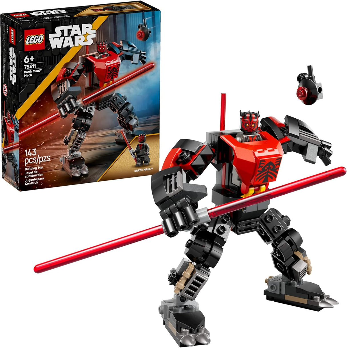 LEGO Star Wars buildable Darth Maul Mech with double-bladed red lightsaber and poseable limbs for imaginative play.