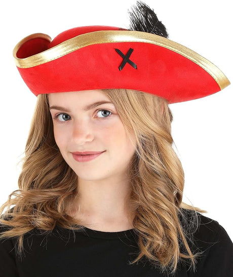 Red Skull & Crossbones Pirate Hat on woman with black feather and gold trim, perfect for pirate costumes.