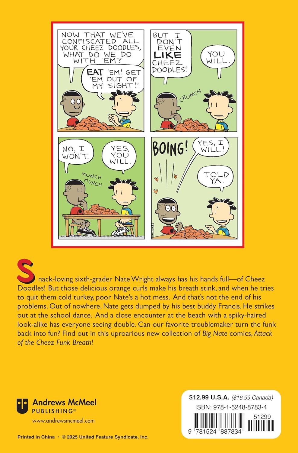 Big Nate #32 Attack of the Cheez Funk Breath! comic panel showing Nate and friend with Cheez Doodles and humorous dialogue.