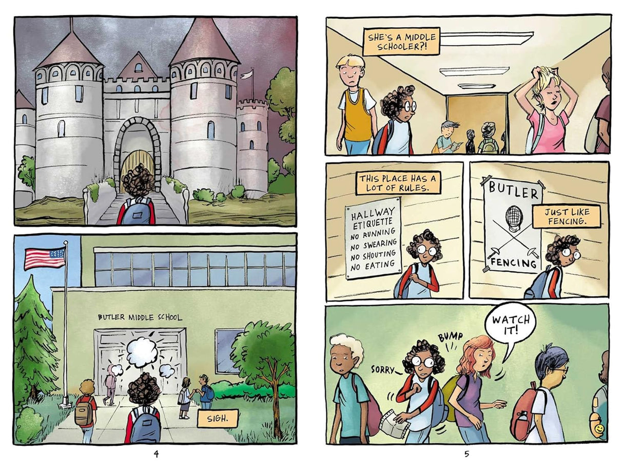 Duel book image showing a middle school castle, hallway rules, and kids navigating school life and fencing challenges.