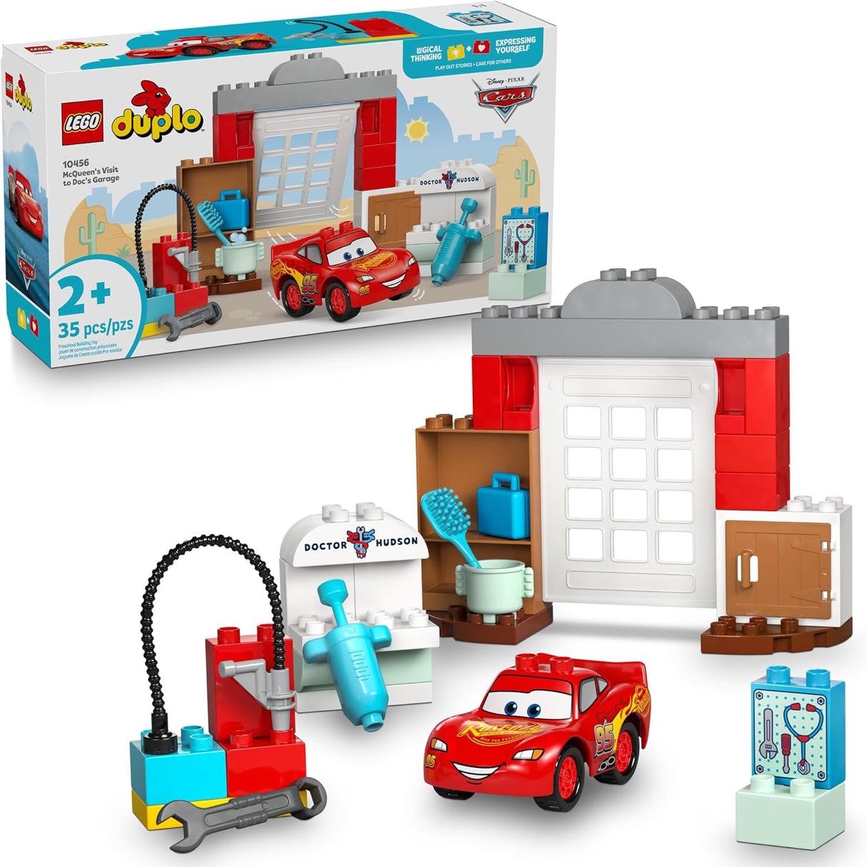 LEGO DUPLO Cars McQueen's Visit to Doc's Garage set with Lightning McQueen and repair garage pieces for toddlers.