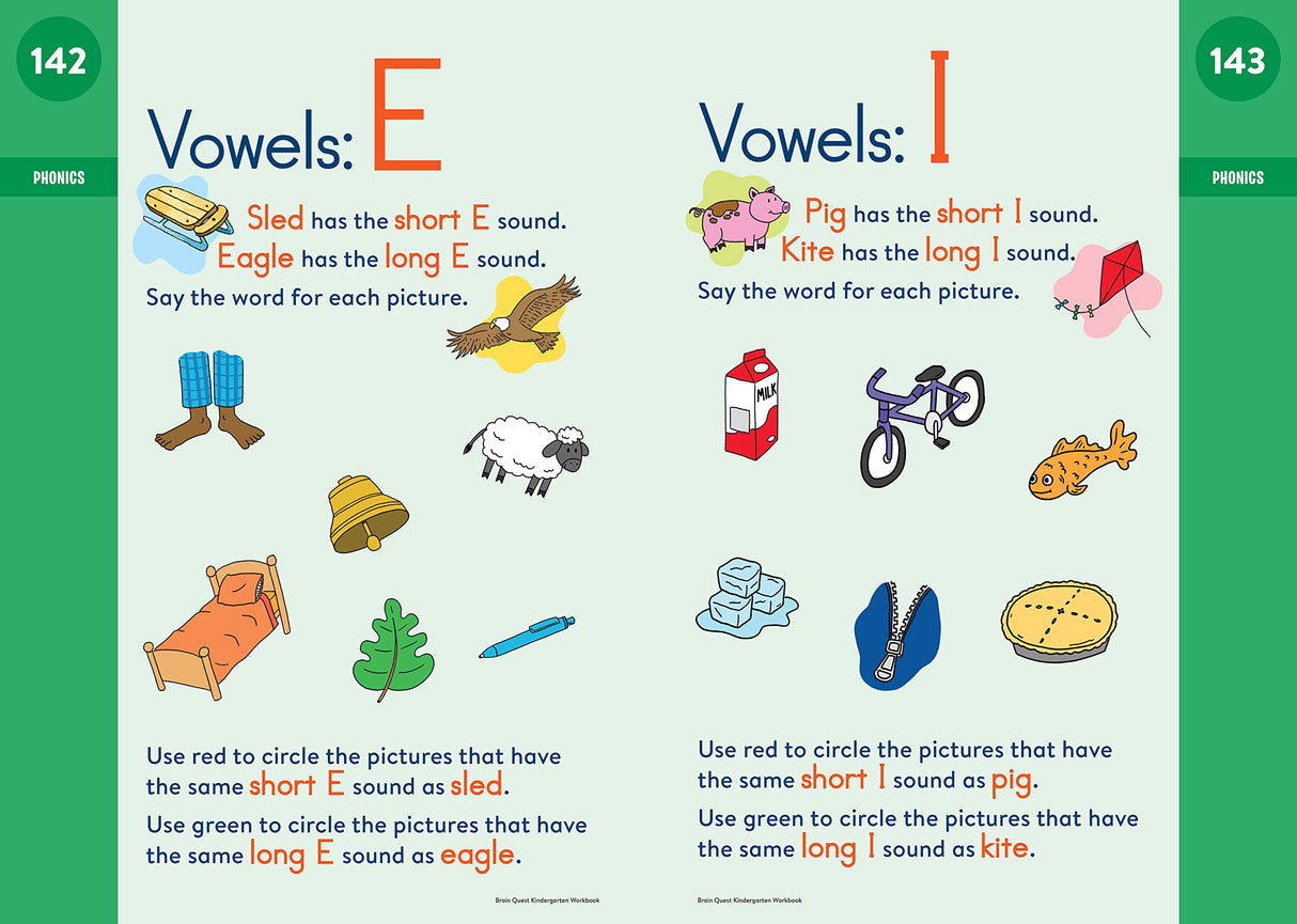 Brain Quest Workbook Kindergarten page teaching short and long vowel sounds E and I with colorful images and instructions.