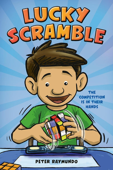 Cover of Lucky Scramble showing a boy solving a Rubik's cube with focus and excitement.