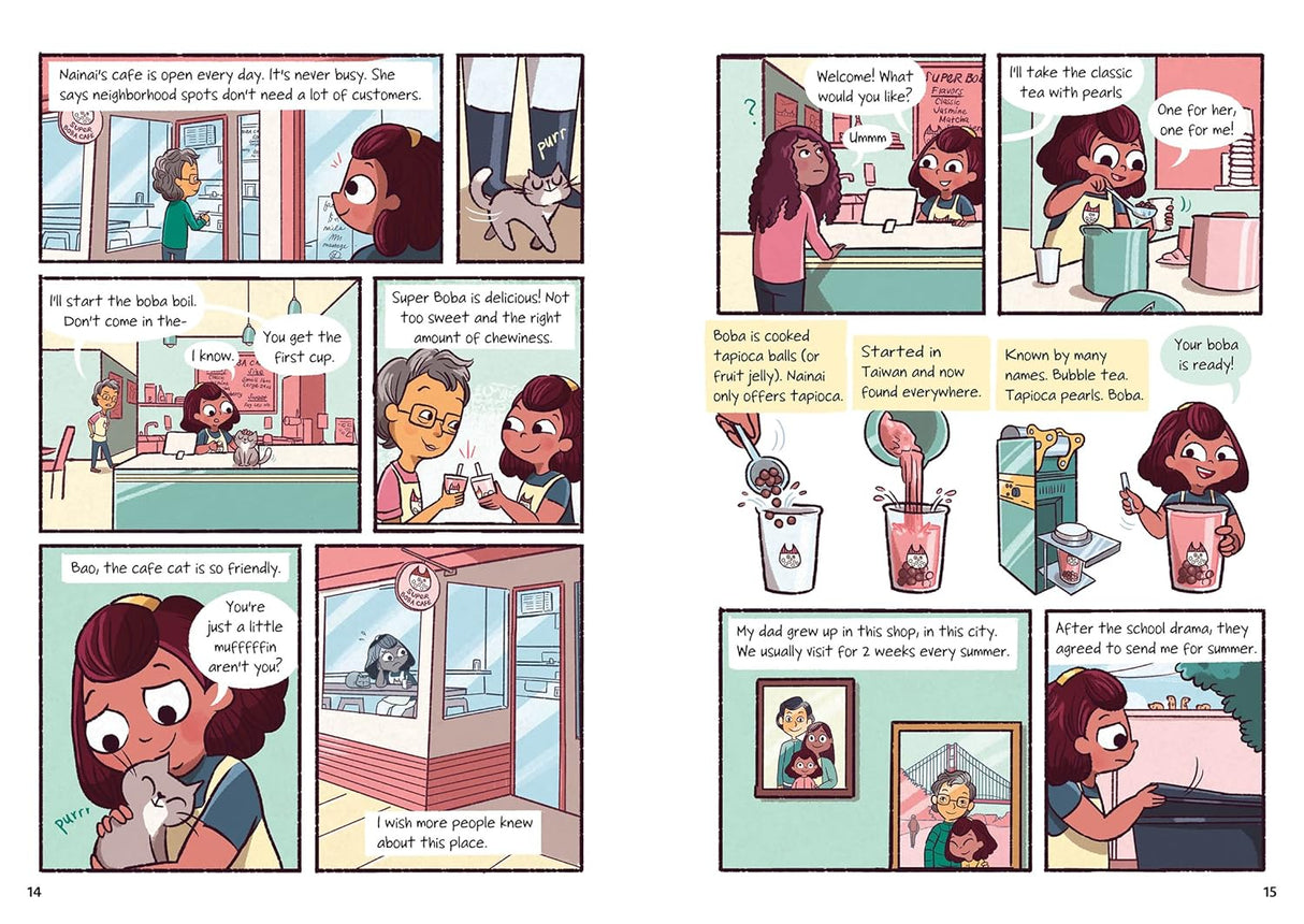 Super Boba Cafe graphic novel pages showing characters in a cozy boba shop with colorful drinks and friendly atmosphere.