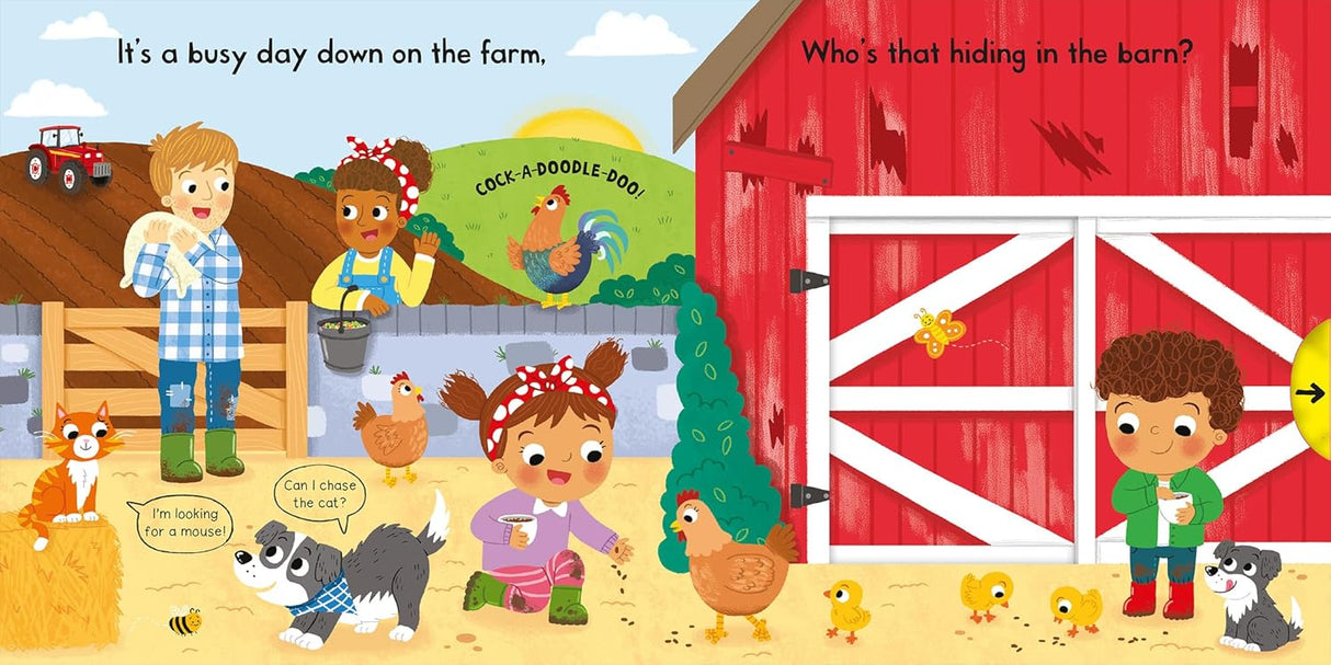 Bright and colorful Busy Farm Push/Pull/Slide board book showing children, animals, and a red barn scene.