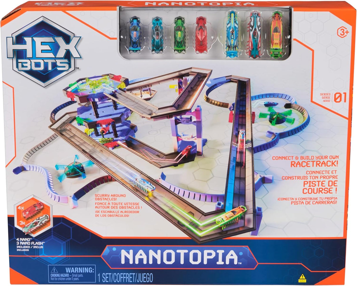 Hex Bots Nanotopia Playset with snap-together tracks, obstacles, and light-up Flash Nanos for fast-paced racetrack fun.