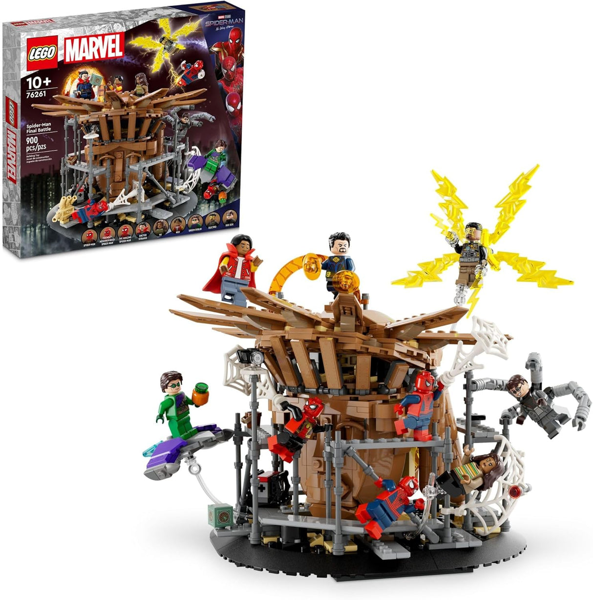 LEGO Marvel Spider-Man Final Battle set with multiple minifigures and action features from No Way Home movie.