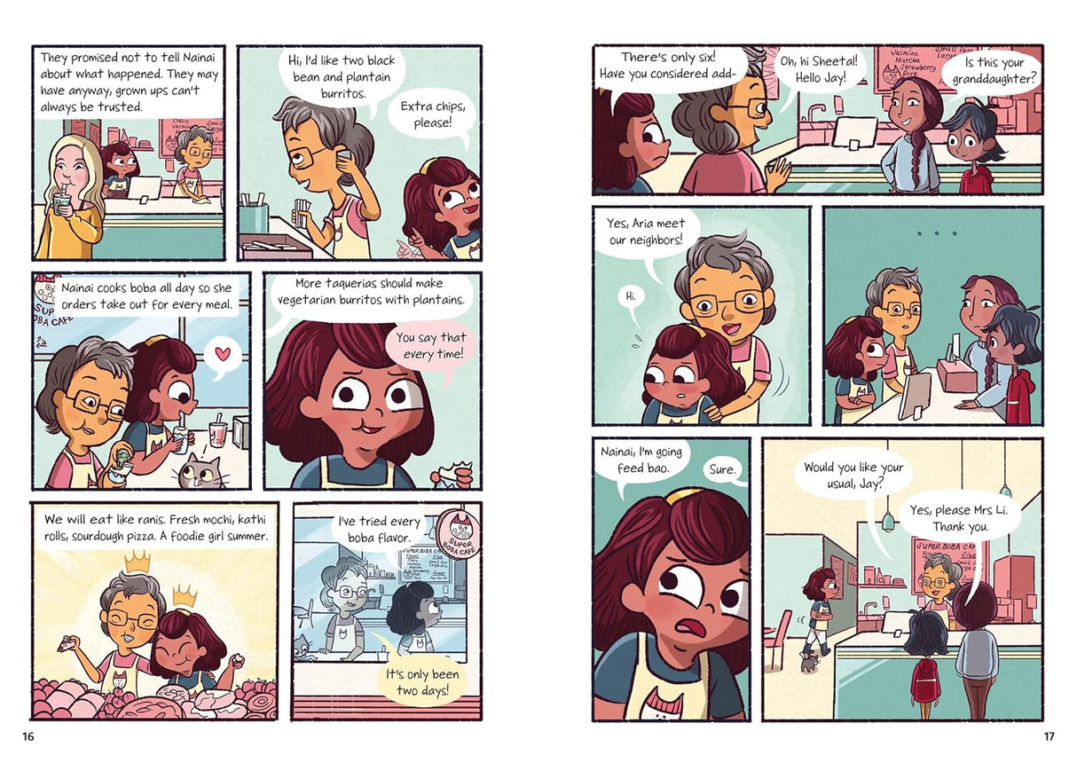 Pages from the colorful graphic novel Super Boba Cafe showing characters in a lively boba shop setting.
