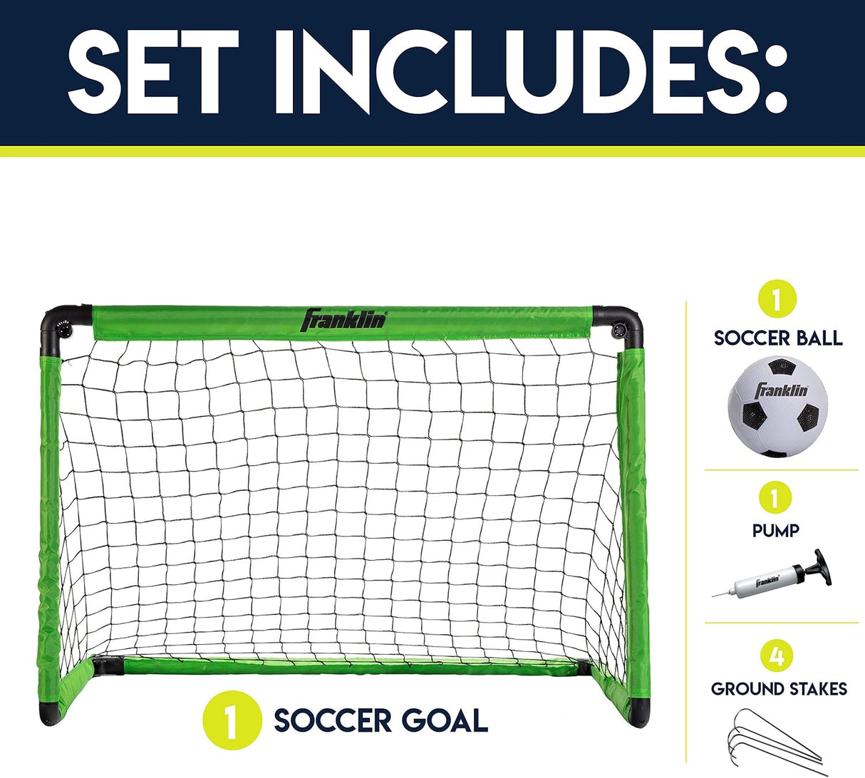Soccer Goal with Ball & Pump showing mini folding soccer goal, ball, pump, and ground stakes included in set.