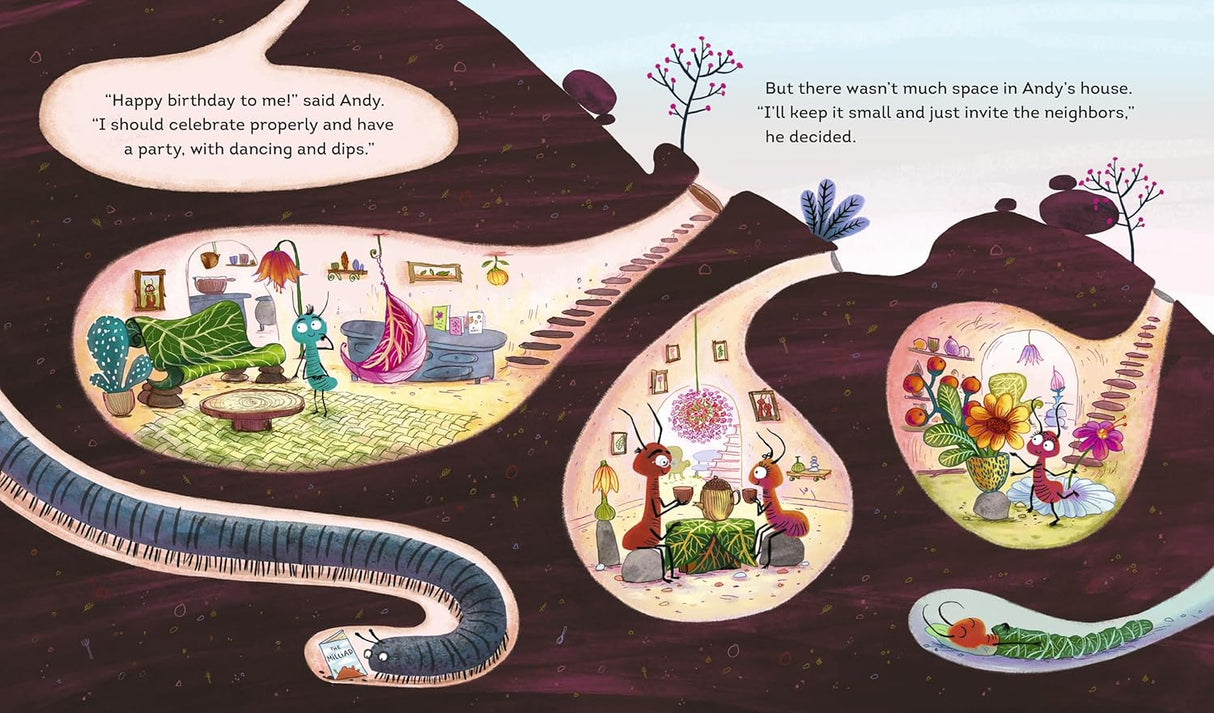 Ant Party book illustration showing Andy the ant planning a birthday party inside anthill tunnels with neighbors gathered.