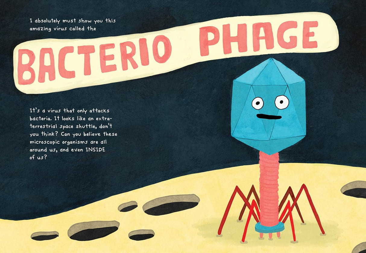 Illustration of a bacteriophage virus from Club Microbe showing a cartoonish blue virus on a yellow surface.