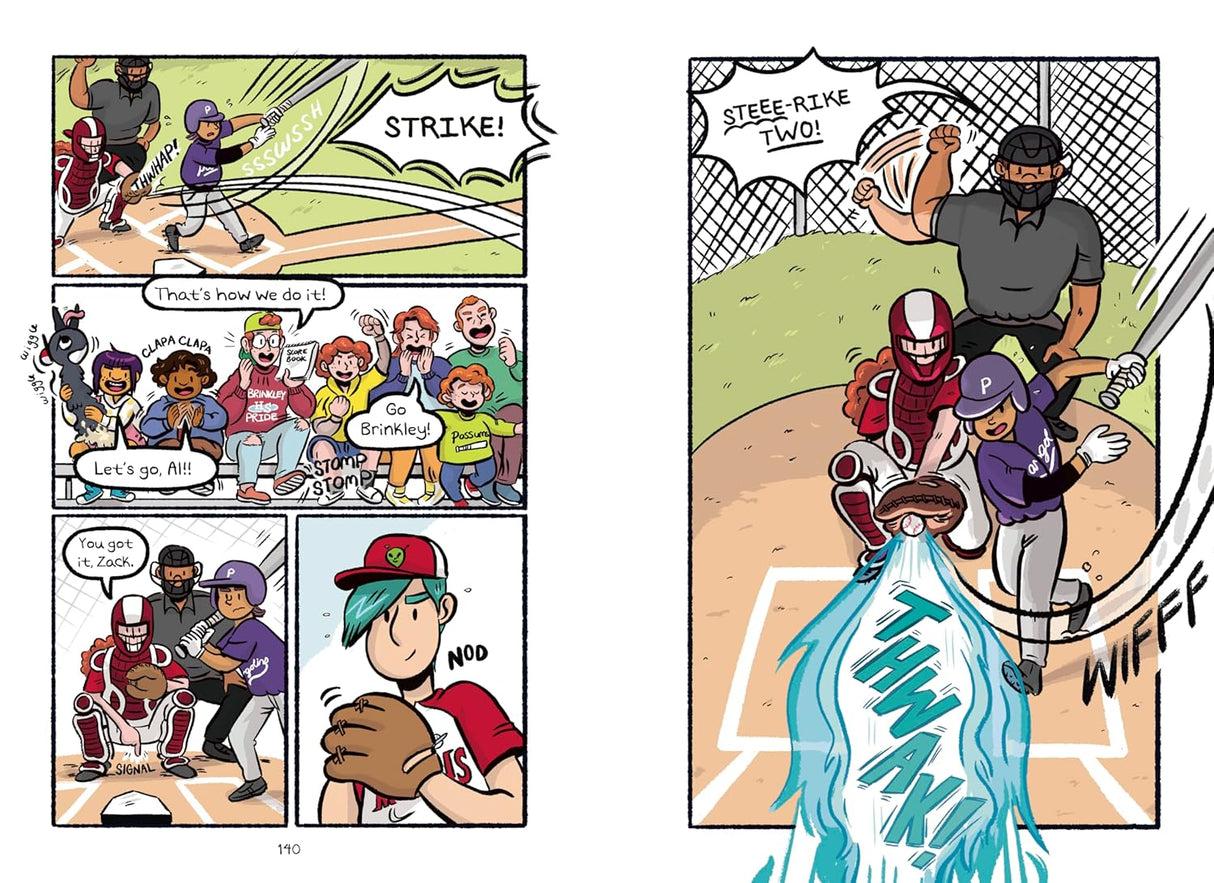 Tryouts book illustration showing middle school baseball players in action during a game with lively spectators cheering.