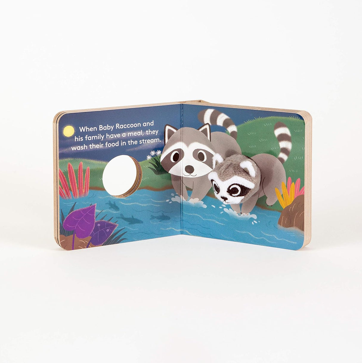 Open Baby Raccoon BB FIP book showing plush raccoon finger puppet and colorful nature scene by the stream.