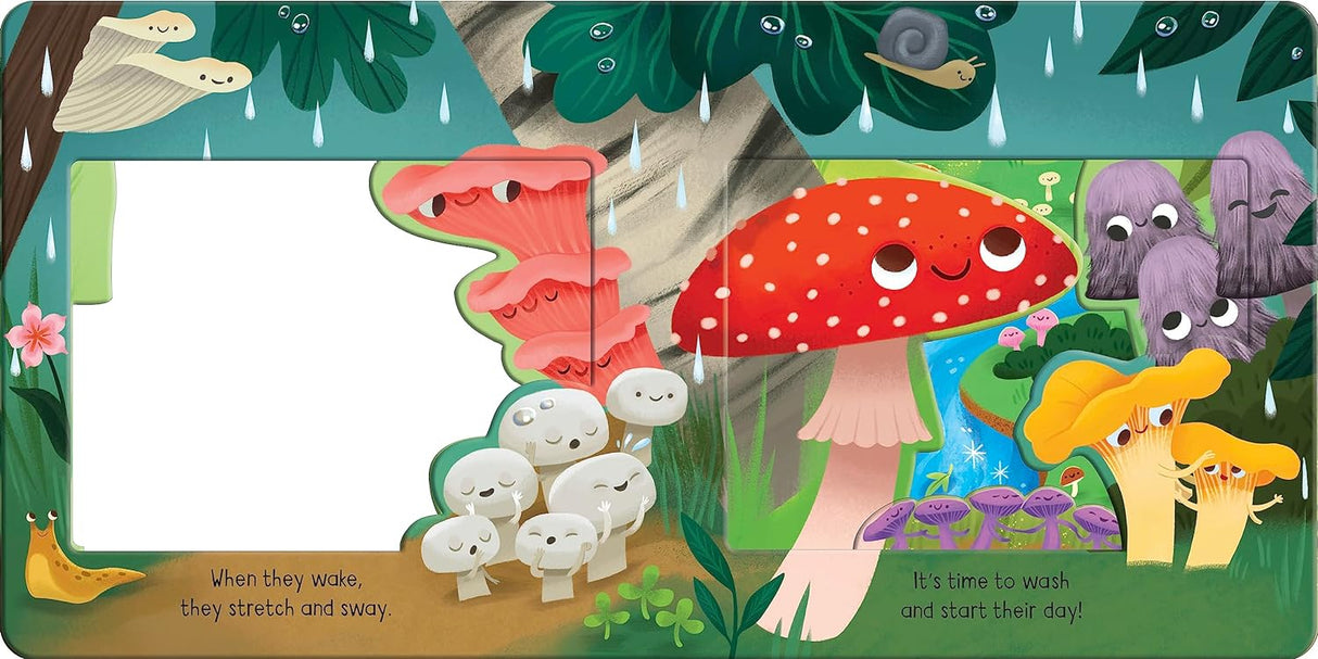 Meet the Mushrooms book showing colorful mushroom characters and forest with playful, smiling fungi under raindrops.