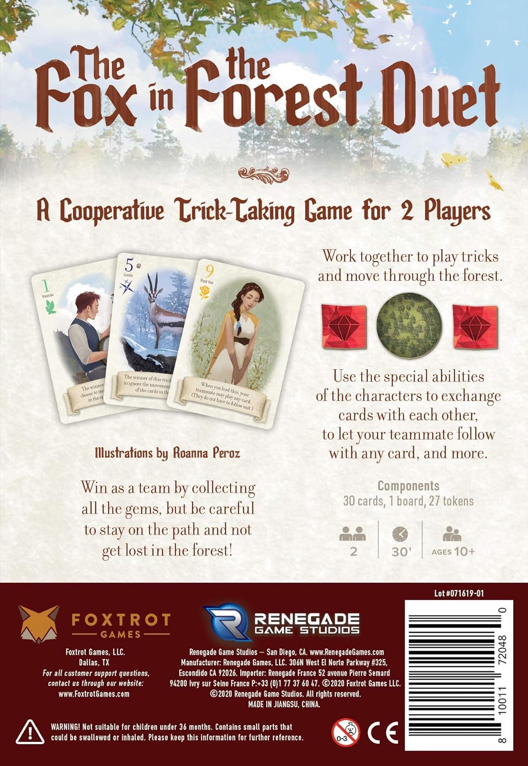 The Fox in the Forest: Duet game box showing cards and gems for a cooperative trick-taking game for 2 players.