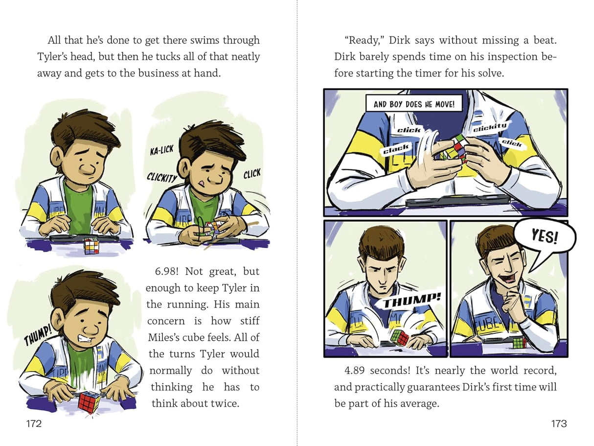Pages from Lucky Scramble graphic novel showing intense speed cubing competition scenes with focused young contestants.