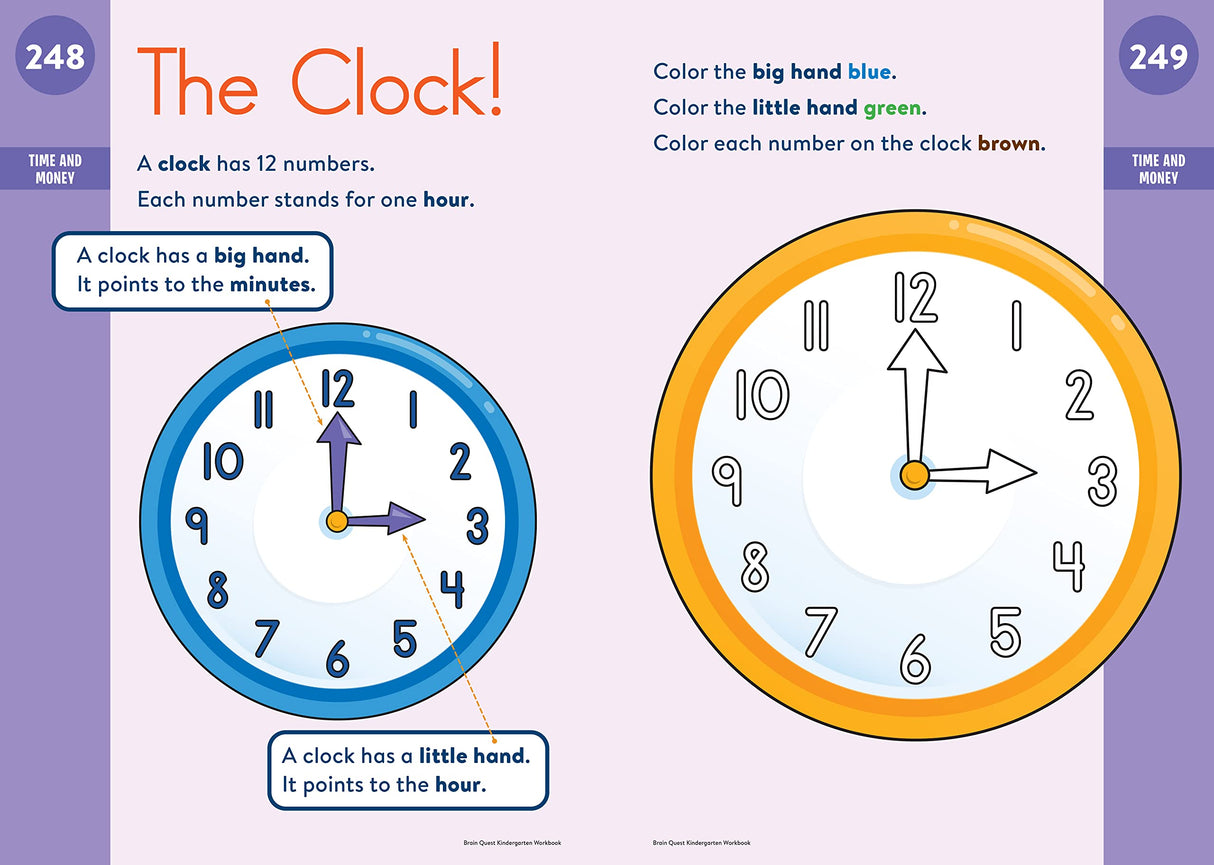 Brain Quest Workbook Kindergarten page teaching time with clocks, hands, and coloring activities for kids ages 5-6.