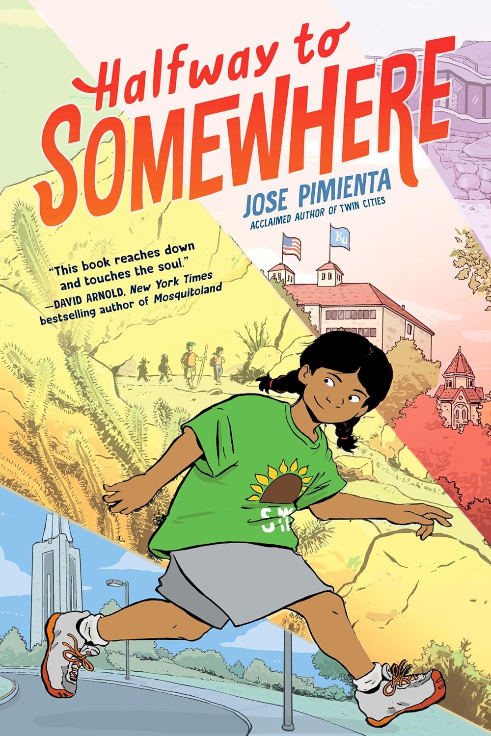 Cover of Halfway to Somewhere showing a young girl running with backgrounds of city and nature landscapes.