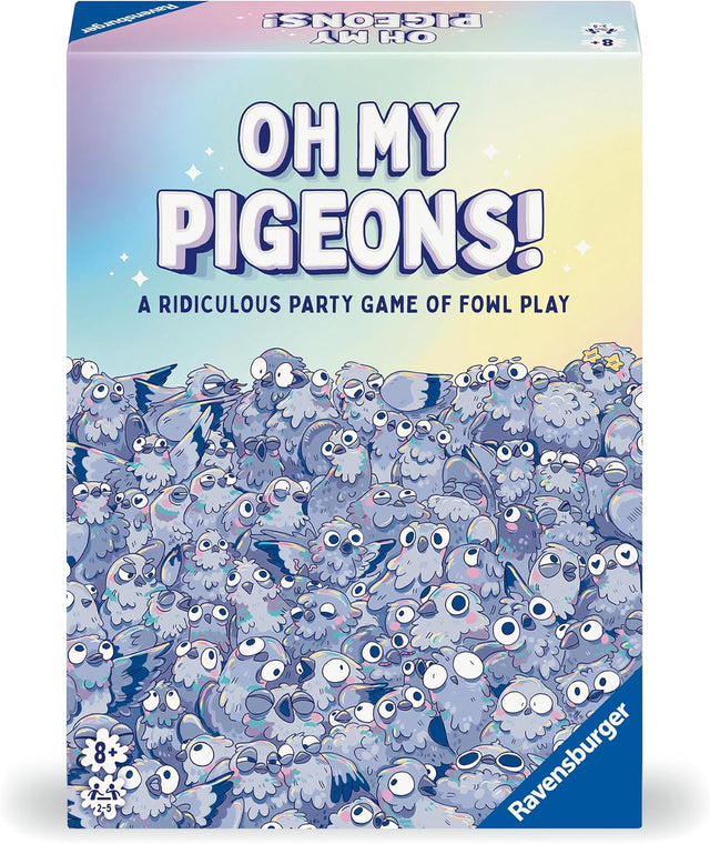 Oh My Pigeons! party game box featuring humorous pigeon illustrations with various expressions for family fun.
