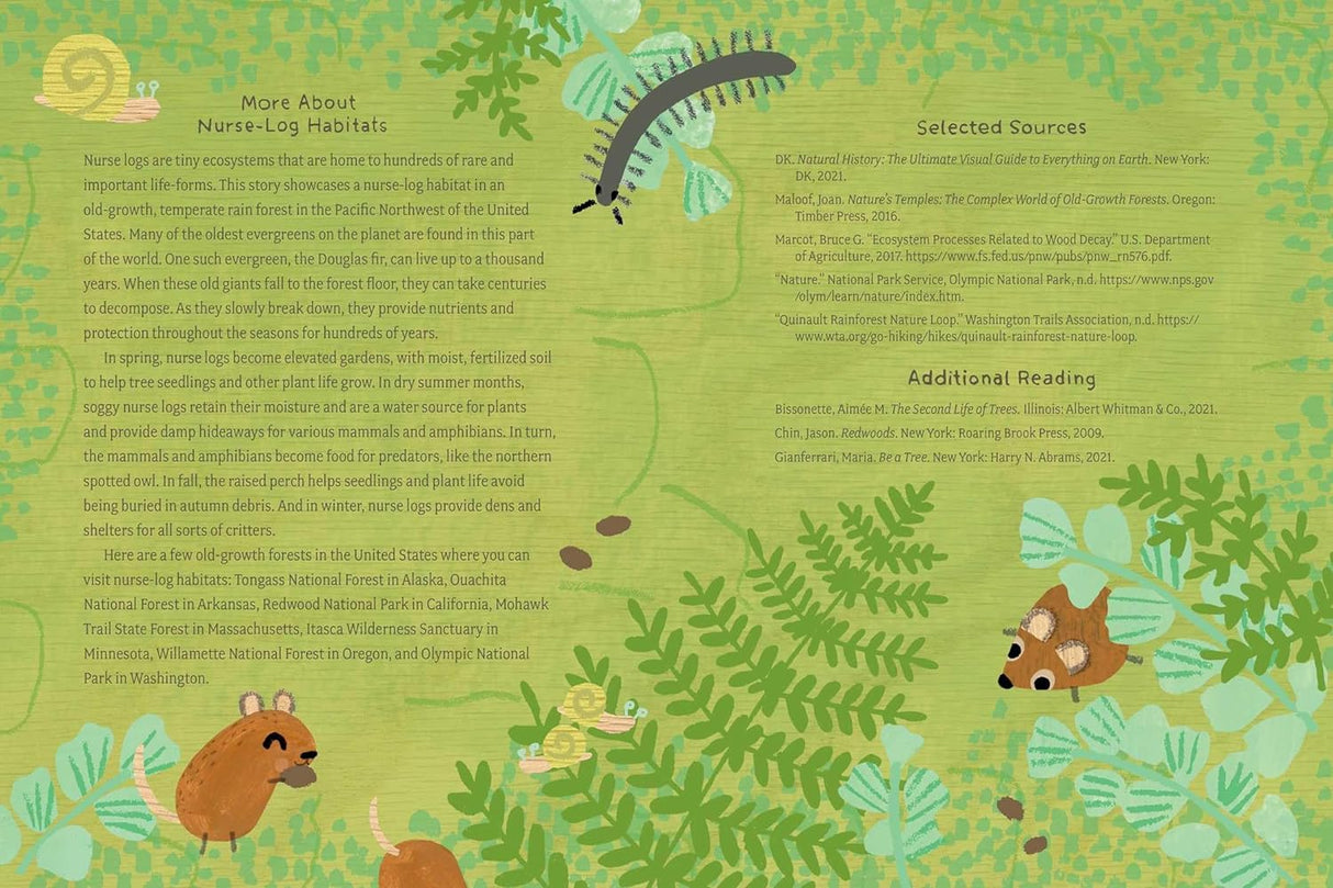 Log Life book cover showing illustrated forest scene with animals and plants in a nurse log habitat.