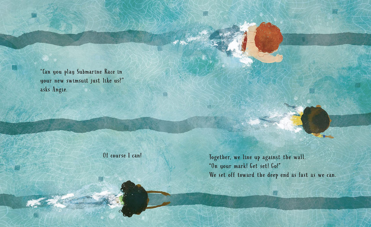A top-down illustration from A Mermaid Girl showing children swimming and racing in a clear blue pool.