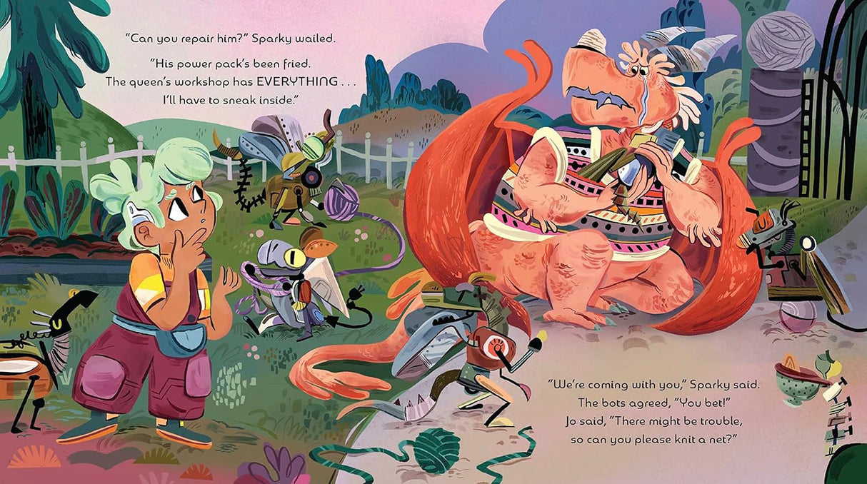 Jo Bright and the Seven Bots features Jo Bright with her seven small robot friends and a large red dragon in a garden scene.