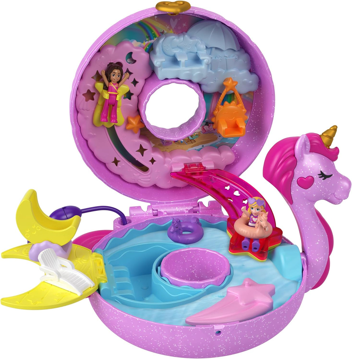 Polly Pocket Sparkle Cove Unicorn Floatie Compact with water play, micro dolls, accessories, and storytelling features in a purple unicorn case.