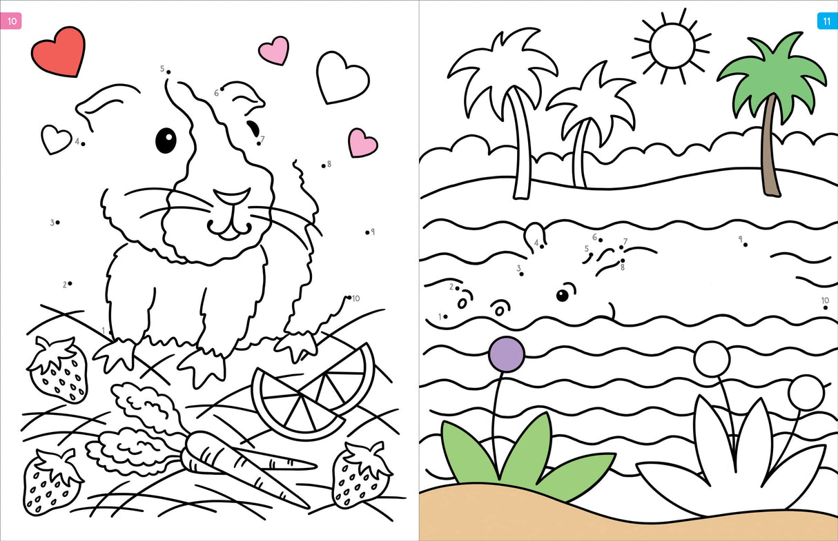 Animals Dot to Dot showing a connect-the-dots animal and a coloring scene with trees and sun for kids to complete and color.