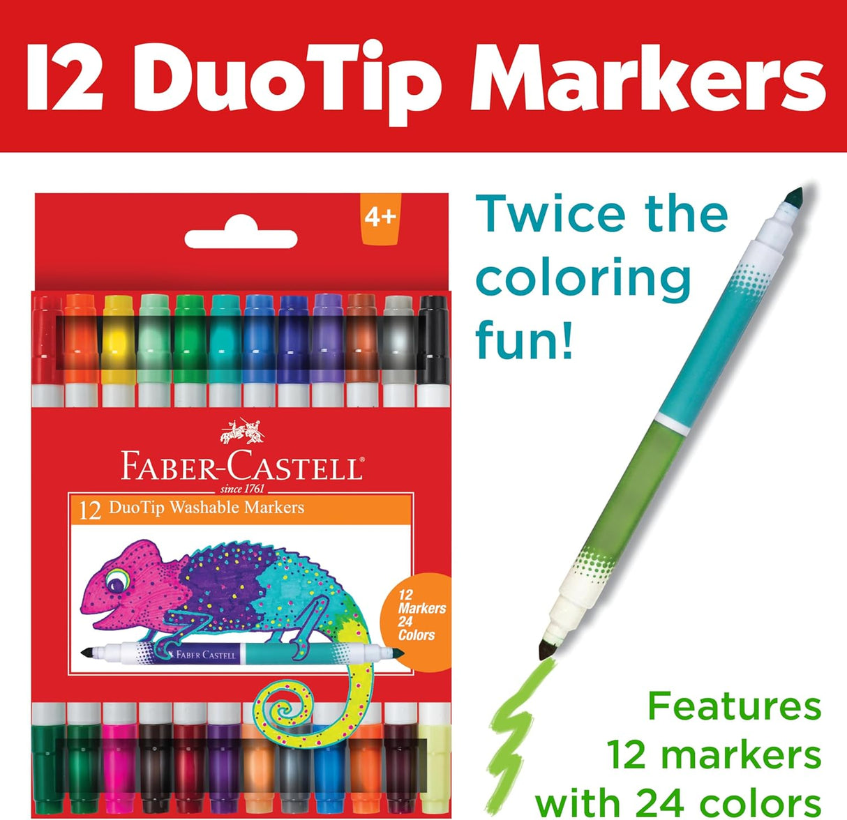Package of 12 DuoTip markers with vibrant colors and a double-ended design for creative coloring and drawing fun