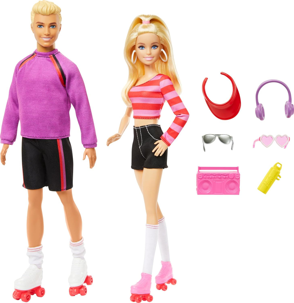 Barbie & Ken 65th Anniversary Fashionista dolls wearing roller skating outfits with six accessories for styling and storytelling.